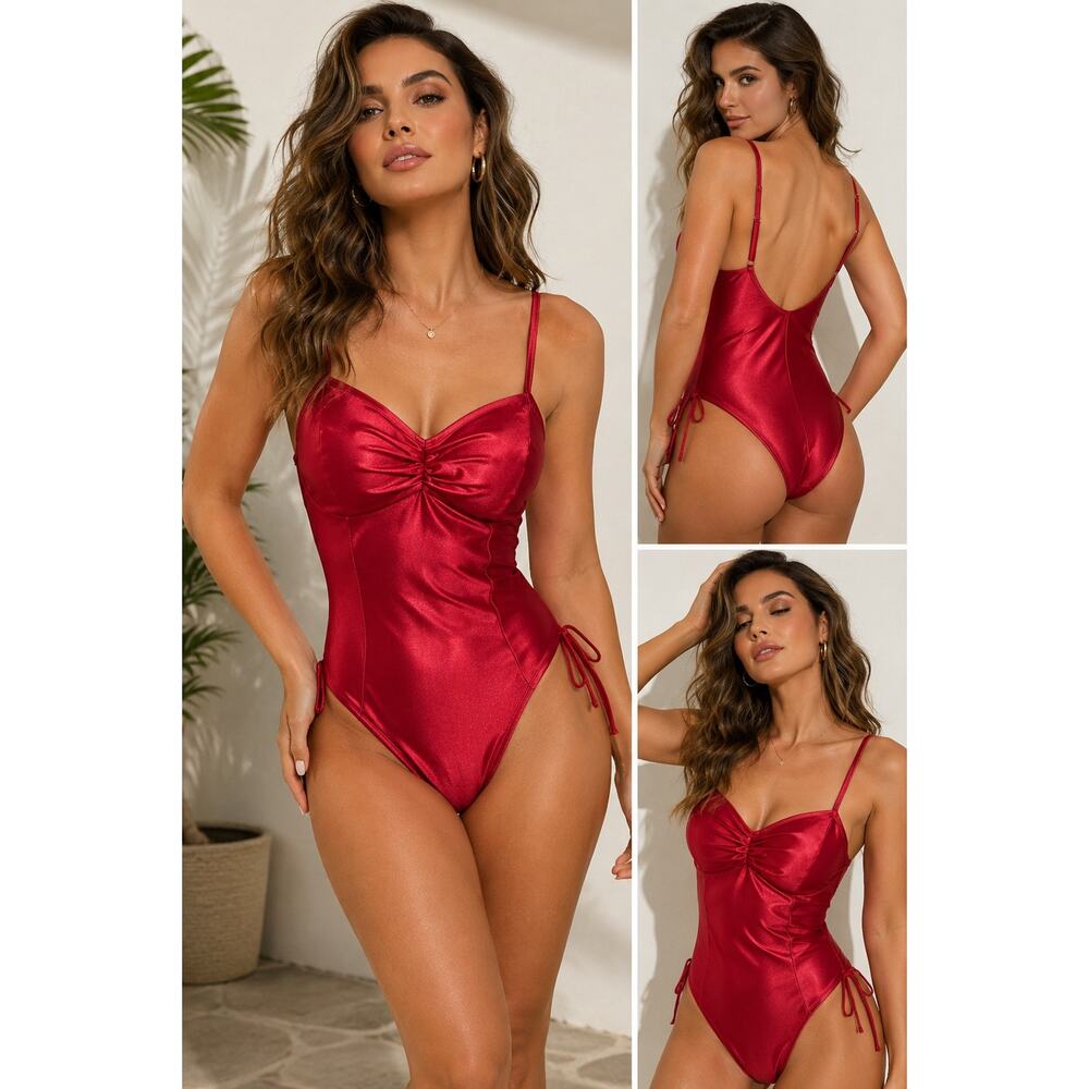 Vintage Robby Len Red Satin One Piece Swimsuit Ruched Bust Pin Up High Cut